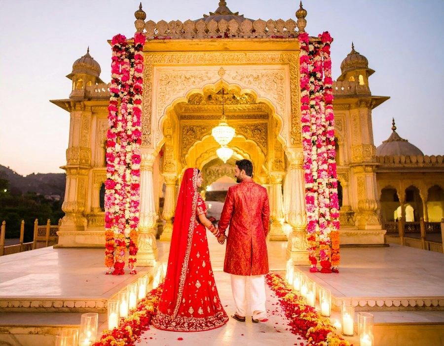 Bride and groom walking at a palace venue