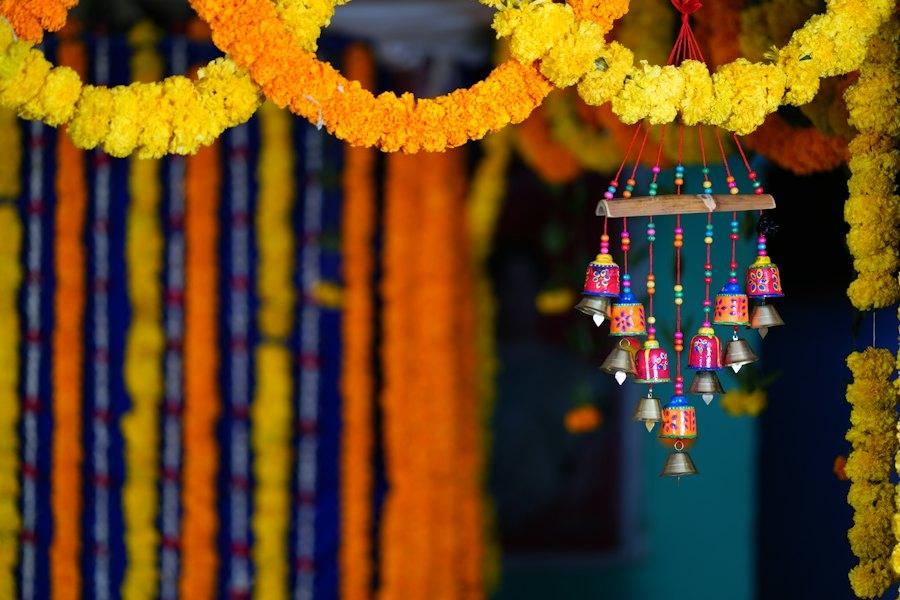 Marigold garlands and hanging decor