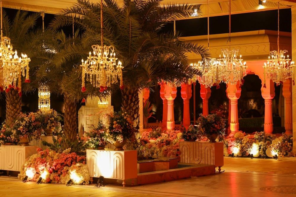 Venue with chandeliers and floral decor